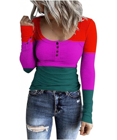 Tops for Women Long Sleeve Cute Pattern Undershirt Boat Neck Color Matching Crochet Striped Womens Blouses Q-58 Hot Pink $7.6...