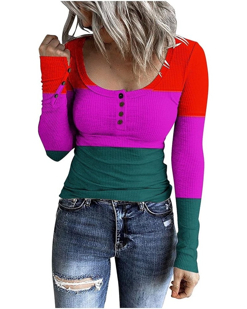 Tops for Women Long Sleeve Cute Pattern Undershirt Boat Neck Color Matching Crochet Striped Womens Blouses Q-58 Hot Pink $7.6...