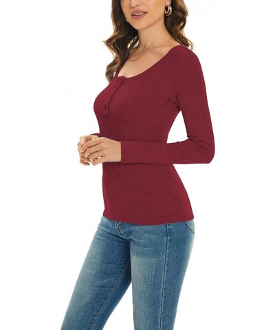 Women's Long Sleeve Henley T Shirts Ribbed Knit Shirts Button Down Slim Fit Tops Scoop Neck T-Shirts Red $13.49 Tops