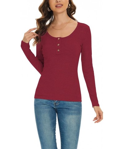 Women's Long Sleeve Henley T Shirts Ribbed Knit Shirts Button Down Slim Fit Tops Scoop Neck T-Shirts Red $13.49 Tops