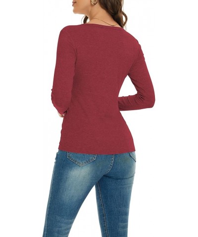 Women's Long Sleeve Henley T Shirts Ribbed Knit Shirts Button Down Slim Fit Tops Scoop Neck T-Shirts Red $13.49 Tops