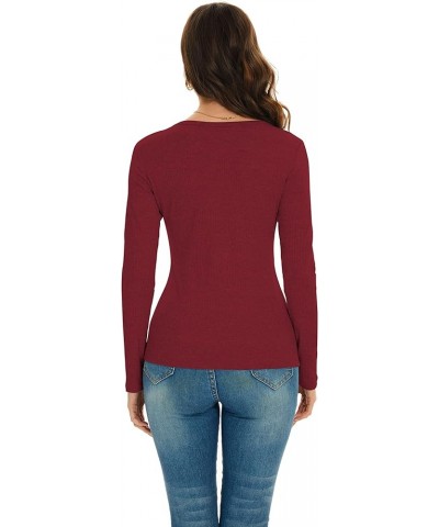 Women's Long Sleeve Henley T Shirts Ribbed Knit Shirts Button Down Slim Fit Tops Scoop Neck T-Shirts Red $13.49 Tops