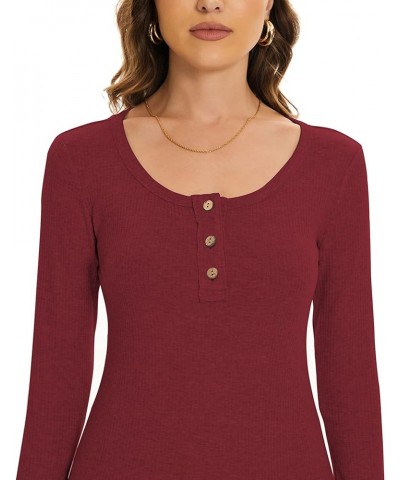 Women's Long Sleeve Henley T Shirts Ribbed Knit Shirts Button Down Slim Fit Tops Scoop Neck T-Shirts Red $13.49 Tops