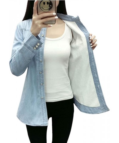 Women's Thermal Flannel Cotton Fleece Lined Long Sleeve Buttoned Denim Shirt Jacket Light Blue $18.91 Jackets