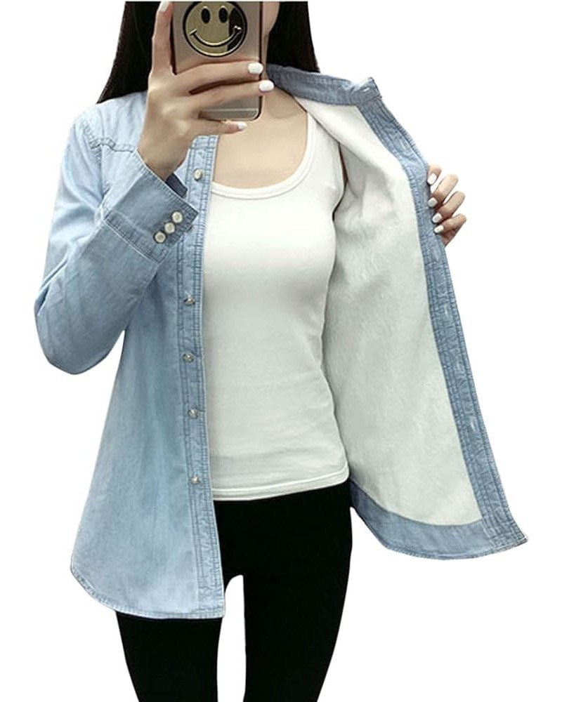 Women's Thermal Flannel Cotton Fleece Lined Long Sleeve Buttoned Denim Shirt Jacket Light Blue $18.91 Jackets