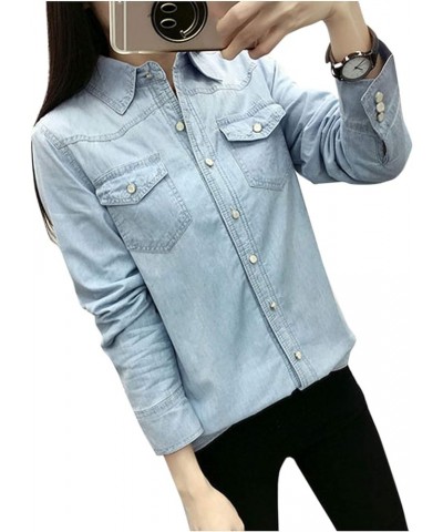 Women's Thermal Flannel Cotton Fleece Lined Long Sleeve Buttoned Denim Shirt Jacket Light Blue $18.91 Jackets