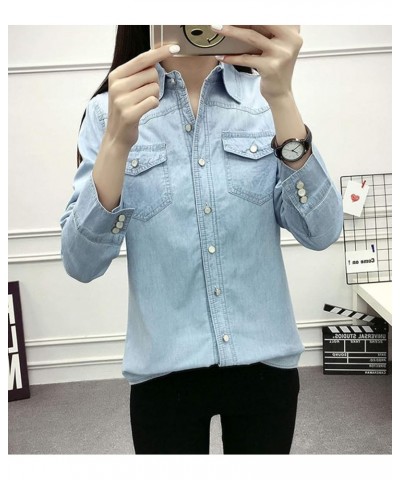 Women's Thermal Flannel Cotton Fleece Lined Long Sleeve Buttoned Denim Shirt Jacket Light Blue $18.91 Jackets