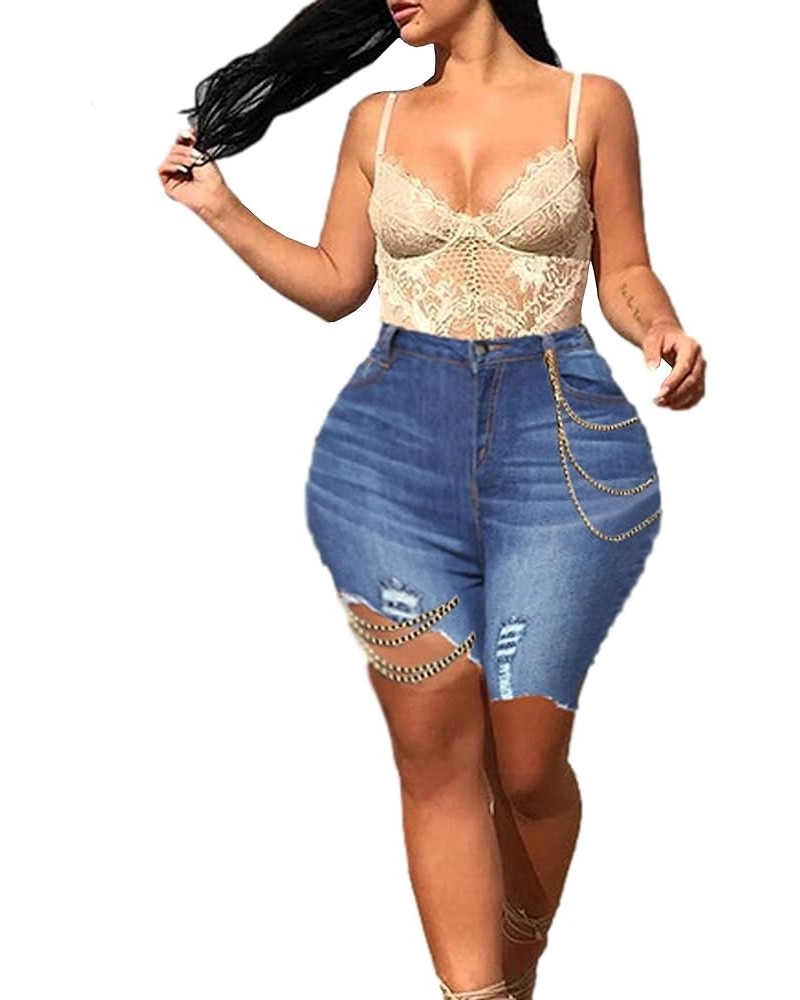 Women's High Waisted Chain Ripped Capris Jeans Distressed Skinny Denim Shorts Sexy Party Clubwear Streetwear A-dark Blue $10....