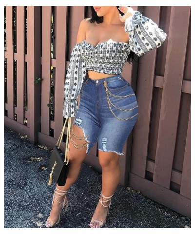 Women's High Waisted Chain Ripped Capris Jeans Distressed Skinny Denim Shorts Sexy Party Clubwear Streetwear A-dark Blue $10....