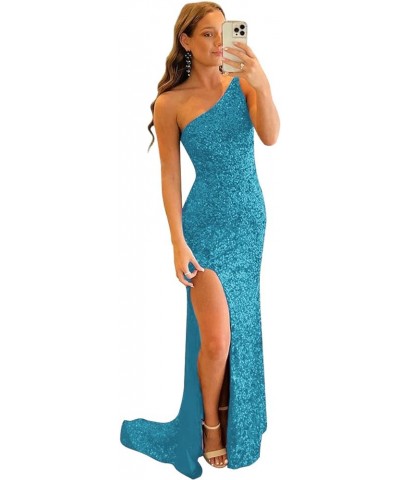 Women's Sequin One Shoulder Prom Dresses 2024 Mermaid Evening Gowns Long Formal Dress with Slit Peacock $37.50 Dresses