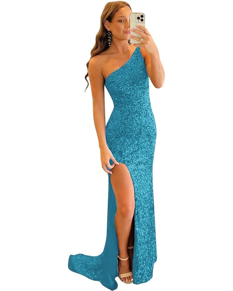 Women's Sequin One Shoulder Prom Dresses 2024 Mermaid Evening Gowns Long Formal Dress with Slit Peacock $37.50 Dresses