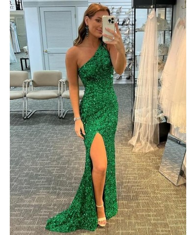 Women's Sequin One Shoulder Prom Dresses 2024 Mermaid Evening Gowns Long Formal Dress with Slit Peacock $37.50 Dresses