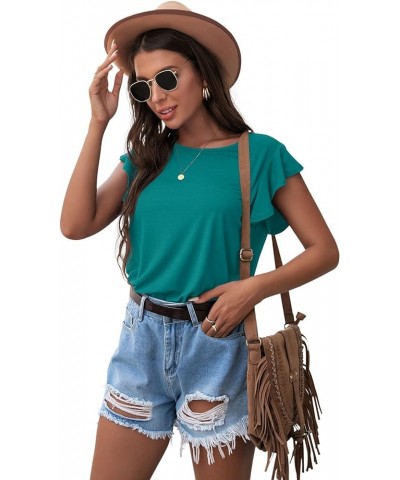 Women's Tops Summer Casual Ruffle Short Sleeves Knit Shirts Round Neck Tunic Top for Women 2024 Fashion Trend Blue Green $12....