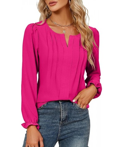 Womens Tops Dressy Casual Long Sleeve Shirts V Neck Chiffon Blouses Fall Clothes 2024 Solid Color Hot Pink $15.04 Blouses