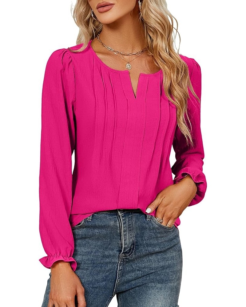 Womens Tops Dressy Casual Long Sleeve Shirts V Neck Chiffon Blouses Fall Clothes 2024 Solid Color Hot Pink $15.04 Blouses