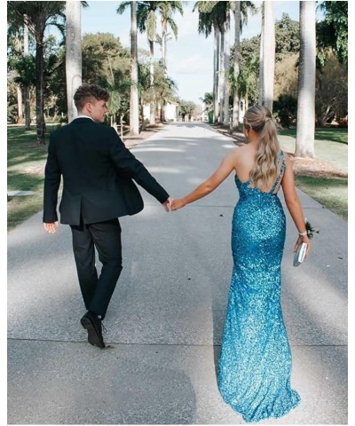 Women's Sequin One Shoulder Prom Dresses 2024 Mermaid Evening Gowns Long Formal Dress with Slit Peacock $37.50 Dresses