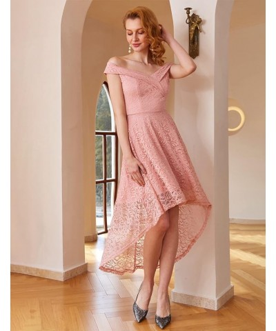 Women's Elegant Floral Lace Dress Off The Shoulder High Low Hem Dresses for Wedding for Cocktail for Party Hi Low-blush $16.8...