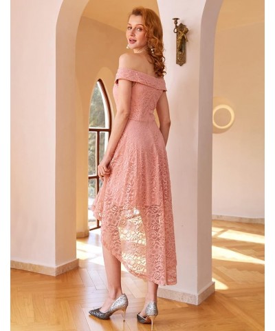 Women's Elegant Floral Lace Dress Off The Shoulder High Low Hem Dresses for Wedding for Cocktail for Party Hi Low-blush $16.8...