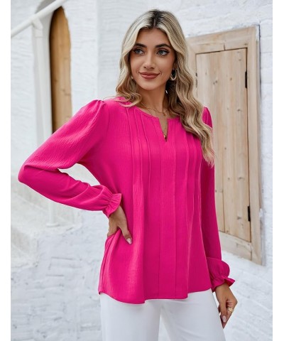 Womens Tops Dressy Casual Long Sleeve Shirts V Neck Chiffon Blouses Fall Clothes 2024 Solid Color Hot Pink $15.04 Blouses