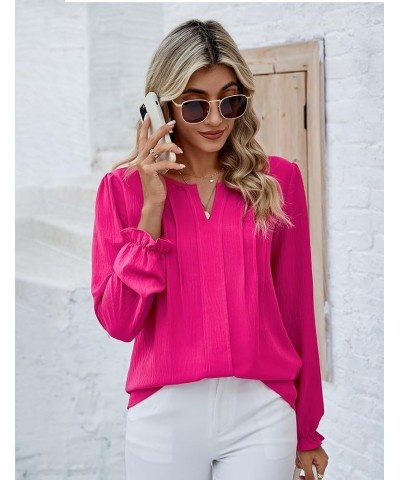 Womens Tops Dressy Casual Long Sleeve Shirts V Neck Chiffon Blouses Fall Clothes 2024 Solid Color Hot Pink $15.04 Blouses