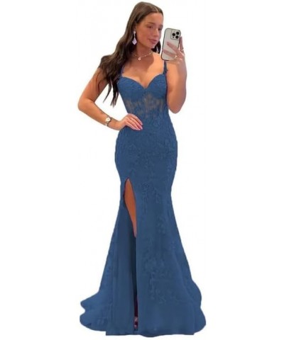 Lace Appliques Prom Dresses for Women Tulle Mermaid Bodycon Formal Evening Dress with Slit BD432 Teal $41.40 Dresses