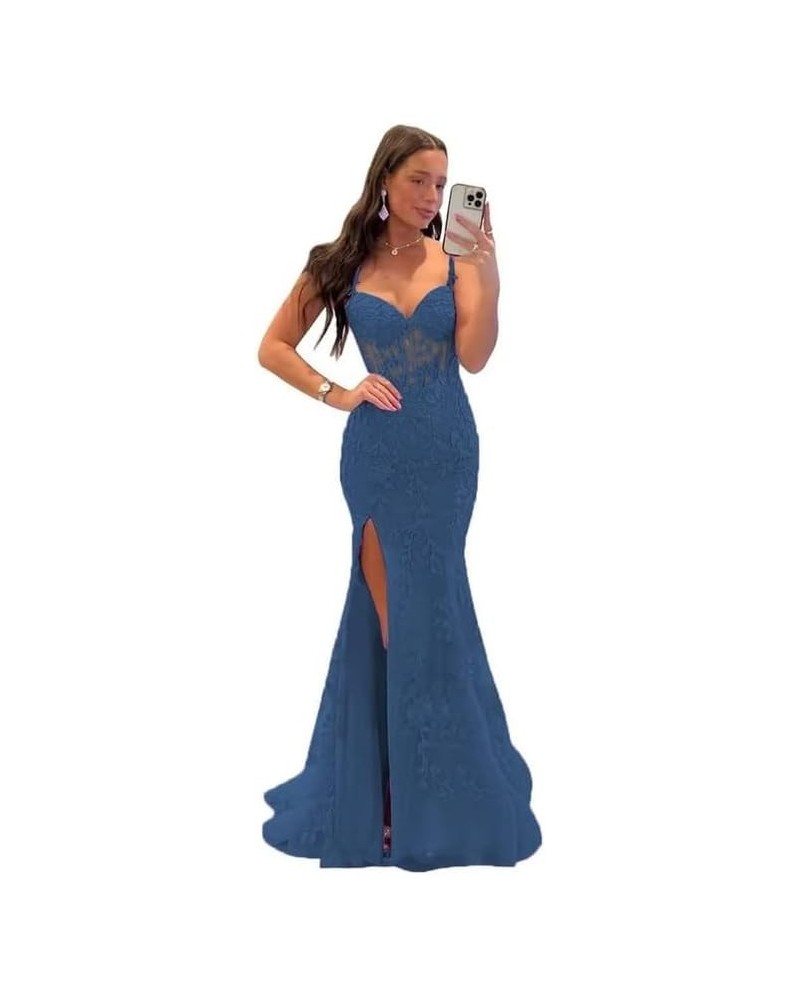 Lace Appliques Prom Dresses for Women Tulle Mermaid Bodycon Formal Evening Dress with Slit BD432 Teal $41.40 Dresses