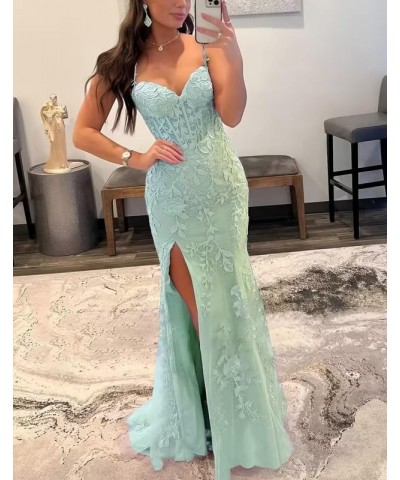 Lace Appliques Prom Dresses for Women Tulle Mermaid Bodycon Formal Evening Dress with Slit BD432 Teal $41.40 Dresses