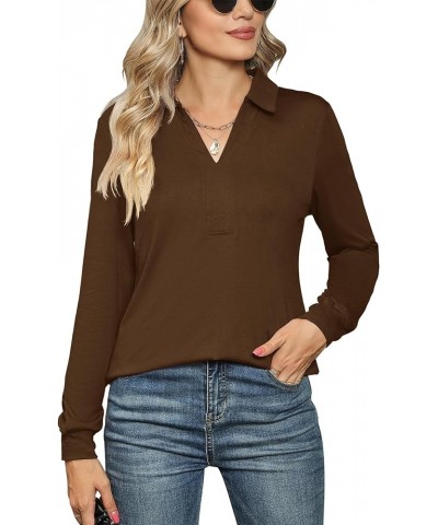 Womens Tops Long Sleeve Business Casual Collared Blouses Johnny Collar Polo Shirts Winter V Neck Cute Tee Z-long Sleeve-coffe...