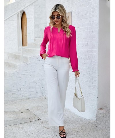 Womens Tops Dressy Casual Long Sleeve Shirts V Neck Chiffon Blouses Fall Clothes 2024 Solid Color Hot Pink $15.04 Blouses