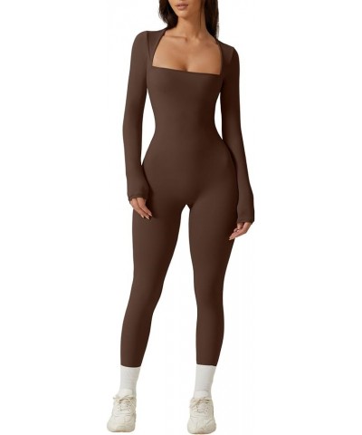 Womens Sexy Square Neck Long Sleeve Full Length Leggings Bodycon Stretch Jumpsuit Long Sleeve Brown $20.51 Jumpsuits