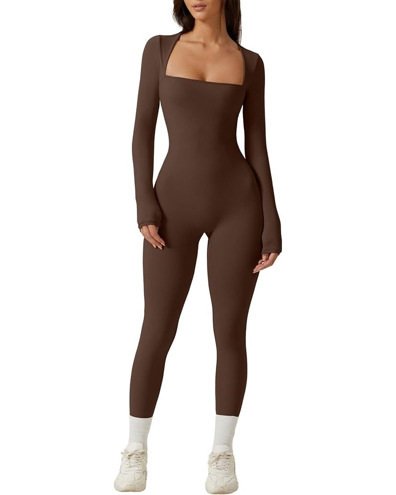 Womens Sexy Square Neck Long Sleeve Full Length Leggings Bodycon Stretch Jumpsuit Long Sleeve Brown $20.51 Jumpsuits