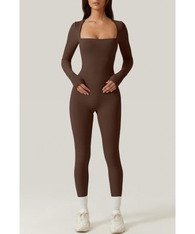 Womens Sexy Square Neck Long Sleeve Full Length Leggings Bodycon Stretch Jumpsuit Long Sleeve Brown $20.51 Jumpsuits