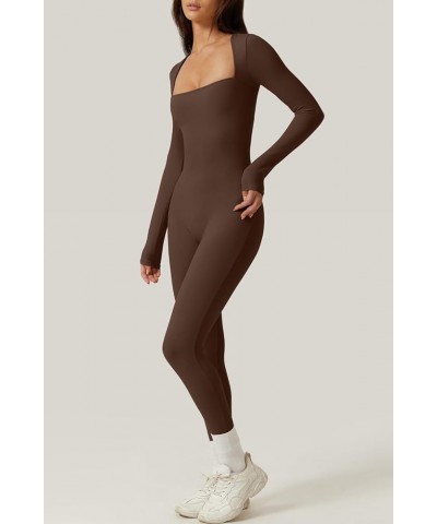 Womens Sexy Square Neck Long Sleeve Full Length Leggings Bodycon Stretch Jumpsuit Long Sleeve Brown $20.51 Jumpsuits