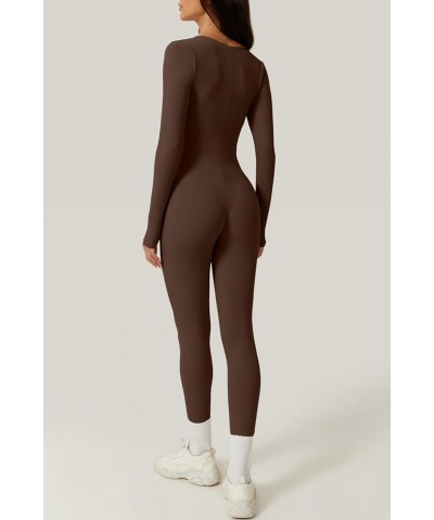 Womens Sexy Square Neck Long Sleeve Full Length Leggings Bodycon Stretch Jumpsuit Long Sleeve Brown $20.51 Jumpsuits