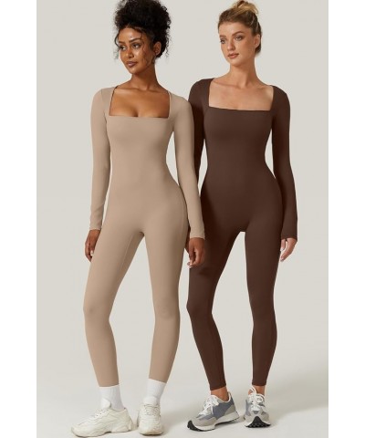 Womens Sexy Square Neck Long Sleeve Full Length Leggings Bodycon Stretch Jumpsuit Long Sleeve Brown $20.51 Jumpsuits