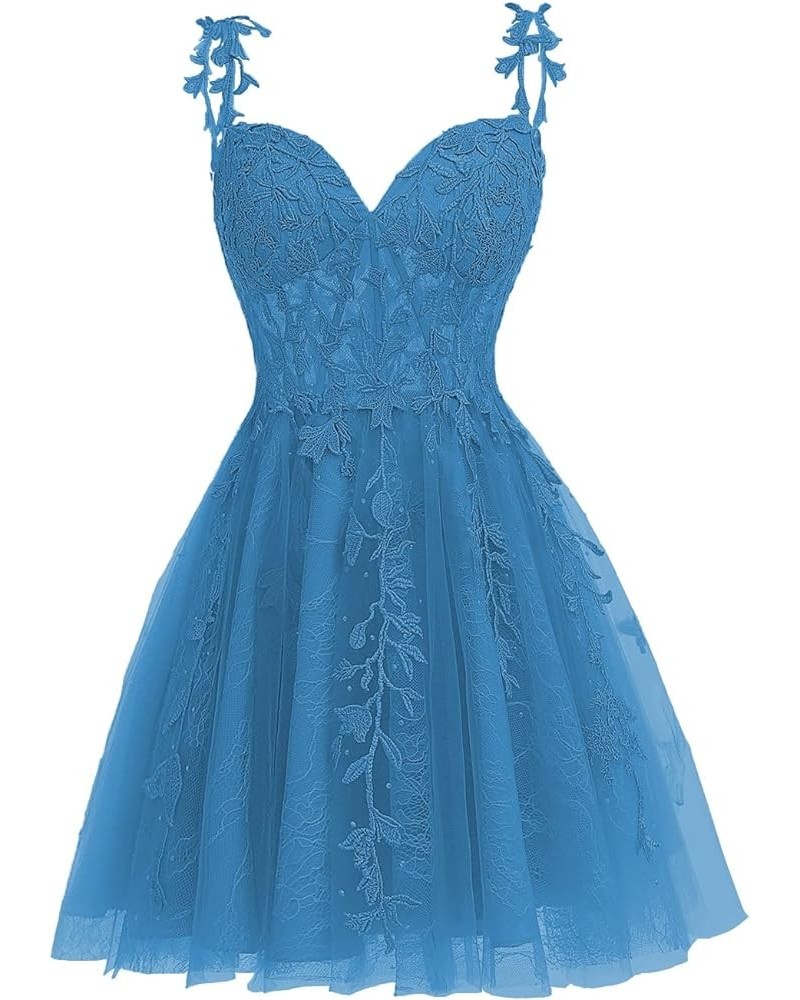 Rhinestone Lace Applique Homecoming Dresses 2024 Illusion Floral Tulle Short Prom Dress SYYS349 Ocean $30.34 Dresses