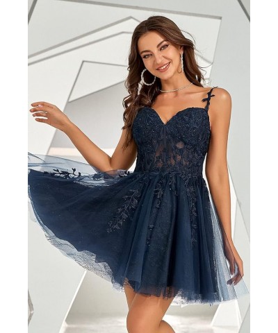 Rhinestone Lace Applique Homecoming Dresses 2024 Illusion Floral Tulle Short Prom Dress SYYS349 Ocean $30.34 Dresses