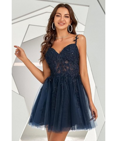 Rhinestone Lace Applique Homecoming Dresses 2024 Illusion Floral Tulle Short Prom Dress SYYS349 Ocean $30.34 Dresses