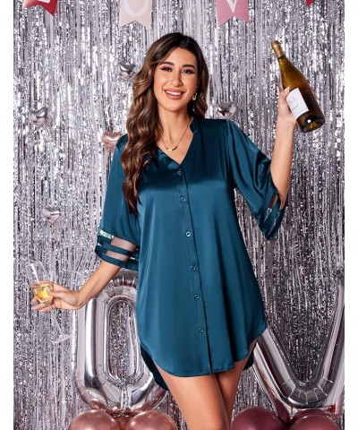 Women's Satin Nightgown Silk Pajamas Button Down Sleepshirt Sexy Boyfriend Night Shirts 3/4 Sleeve S-XXL 05 Peacock Blue $17....