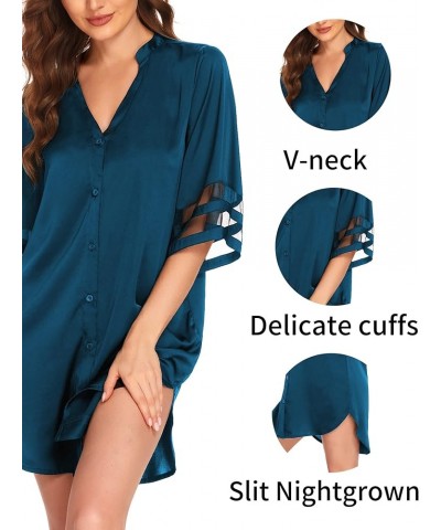 Women's Satin Nightgown Silk Pajamas Button Down Sleepshirt Sexy Boyfriend Night Shirts 3/4 Sleeve S-XXL 05 Peacock Blue $17....