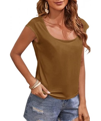 Women's Cap Sleeve Scoop Neck T Shirt Casual Solid Color Basic Tee Shirts Blouses Tank Tops Brown $13.99 Tanks