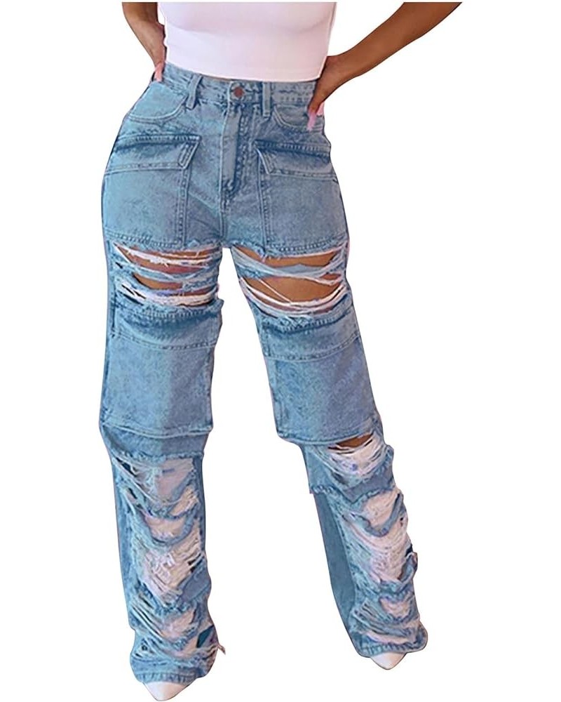 Womens Ripped Jeans, Distressed High Waisted Jeans for Women Trendy Wide Straight Leg Y2k Pants Destroyed Denim Pants 02 Ligh...