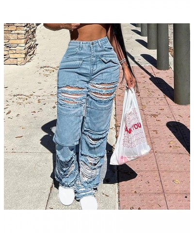 Womens Ripped Jeans, Distressed High Waisted Jeans for Women Trendy Wide Straight Leg Y2k Pants Destroyed Denim Pants 02 Ligh...