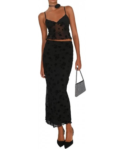 Women Y2K 2 Piece Long Skirt Set Lace Up Back Tank Tops Tie Up High Waist Long Skirt Split Maxi Skirts Outfits 6-black $13.19...