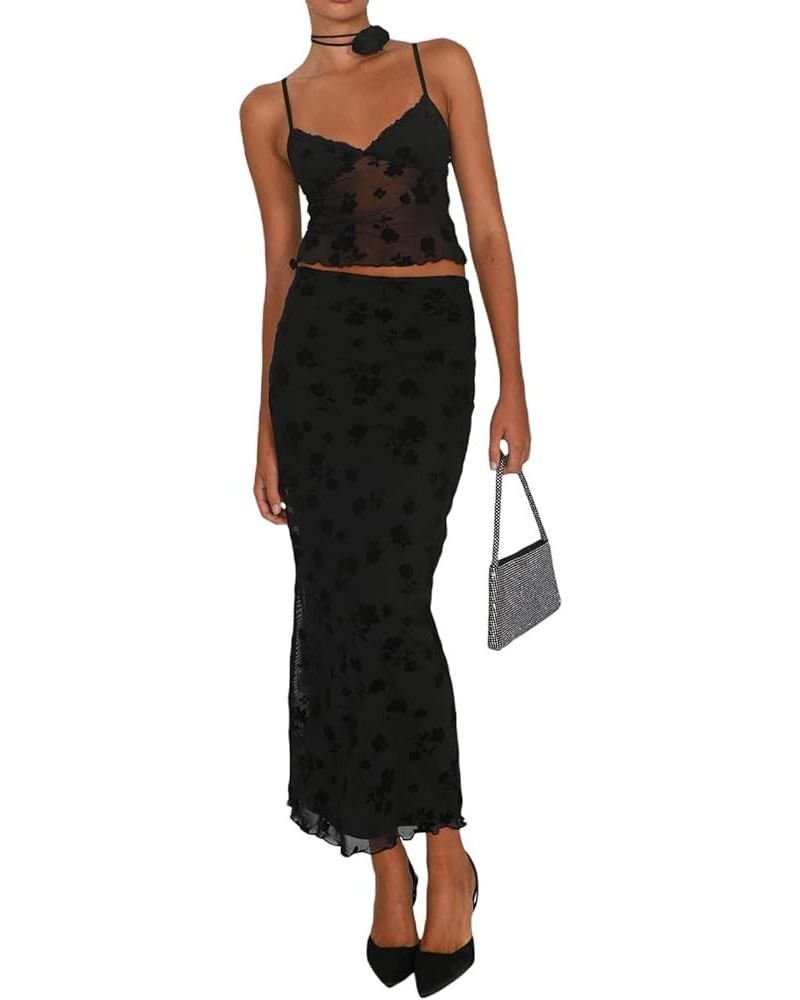 Women Y2K 2 Piece Long Skirt Set Lace Up Back Tank Tops Tie Up High Waist Long Skirt Split Maxi Skirts Outfits 6-black $13.19...