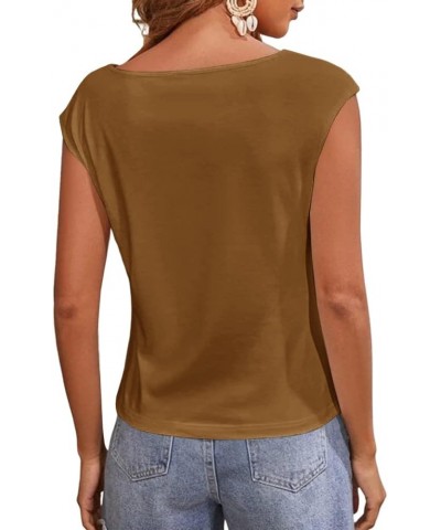 Women's Cap Sleeve Scoop Neck T Shirt Casual Solid Color Basic Tee Shirts Blouses Tank Tops Brown $13.99 Tanks