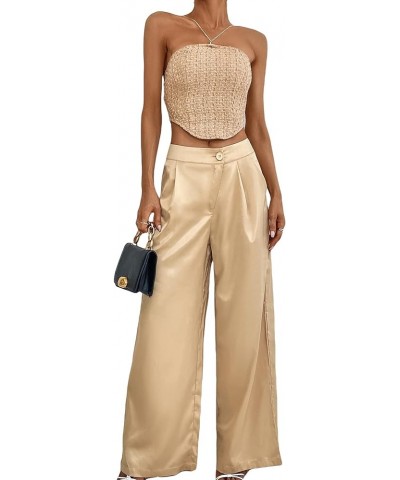 Women's Satin Pants Wide Leg High Waisted Loose Elegant Office Simple Pants Khaki $22.79 Leggings