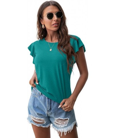 Women's Tops Summer Casual Ruffle Short Sleeves Knit Shirts Round Neck Tunic Top for Women 2024 Fashion Trend Blue Green $12....