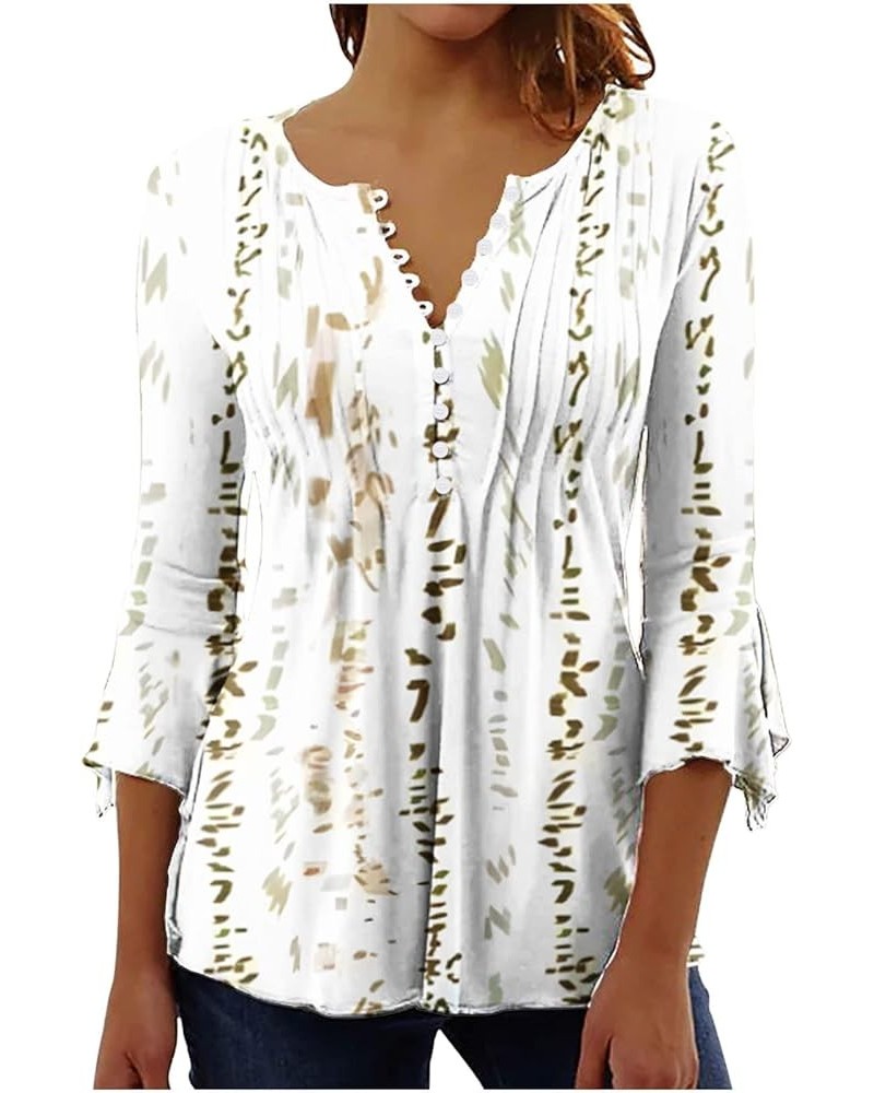 3/4 Length Sleeve Womens Tops Fashion V-Neck Button Elbow Sleeve T-Shirt Vintage Printed Tunic Tops Spring Tops 2024 02-beige...