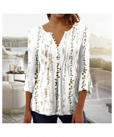 3/4 Length Sleeve Womens Tops Fashion V-Neck Button Elbow Sleeve T-Shirt Vintage Printed Tunic Tops Spring Tops 2024 02-beige...